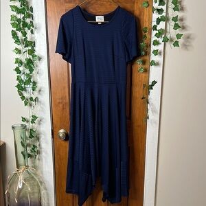 BEIGE by ECI Hankerchief Hem Midi Dress in Navy Blue